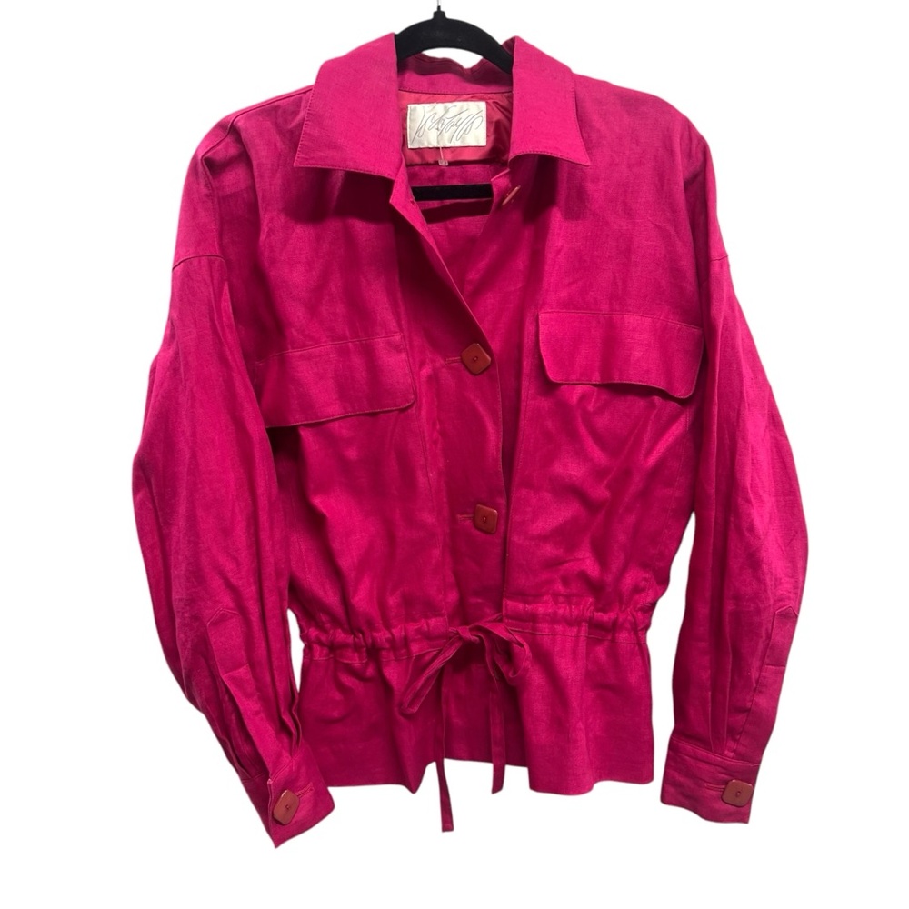 Lord & Taylor Linen Jacket Fuscia Pink Safari Utility Peplum Tie Waist 6